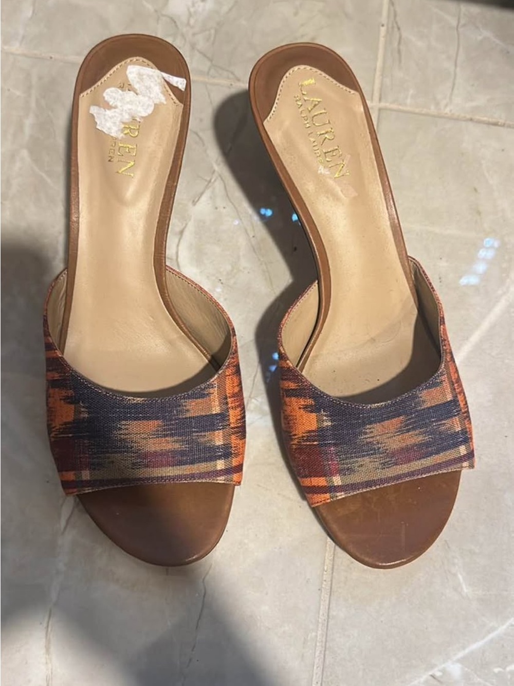 Lauren Ralph Lauren Brown Leather Slide Sandals with Orange & Navy Fabric Strap